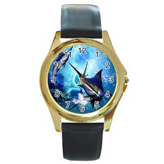 Awersome Marlin In A Fantasy Underwater World Round Gold Metal Watches by FantasyWorld7