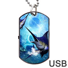 Awersome Marlin In A Fantasy Underwater World Dog Tag Usb Flash (two Sides)  by FantasyWorld7