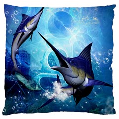 Awersome Marlin In A Fantasy Underwater World Large Cushion Cases (one Side)  by FantasyWorld7