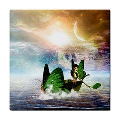 Cute Fairy In A Butterflies Boat In The Night Tile Coasters by FantasyWorld7