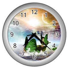 Cute Fairy In A Butterflies Boat In The Night Wall Clocks (silver)  by FantasyWorld7