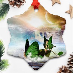 Cute Fairy In A Butterflies Boat In The Night Ornament (snowflake)  by FantasyWorld7