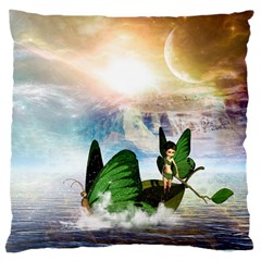 Cute Fairy In A Butterflies Boat In The Night Large Cushion Cases (two Sides)  by FantasyWorld7