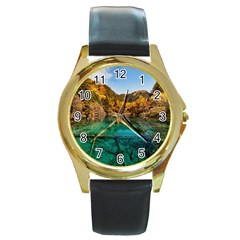 Jiuzhaigou Valley 1 Round Gold Metal Watches by trendistuff