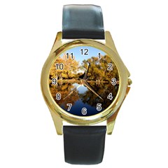 Autumn Lake Round Gold Metal Watches by trendistuff