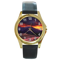 San Gabriel Mountain Sunset Round Gold Metal Watches by trendistuff