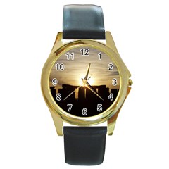 Sunset Stonehenge Round Gold Metal Watches by trendistuff