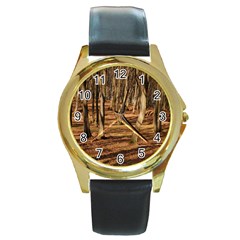 Wood Shadows Round Gold Metal Watches by trendistuff