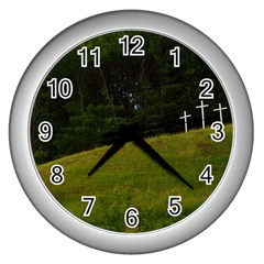 Three Crosses On A Hill Wall Clocks (silver)  by trendistuff