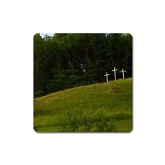 Three Crosses On A Hill Square Magnet by trendistuff