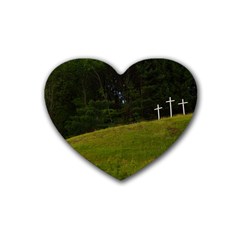 Three Crosses On A Hill Rubber Coaster (heart)  by trendistuff