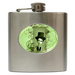 Cute Girl With Steampunk Hat And Floral Elements Hip Flask (6 Oz) by FantasyWorld7