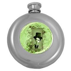 Cute Girl With Steampunk Hat And Floral Elements Round Hip Flask (5 Oz) by FantasyWorld7