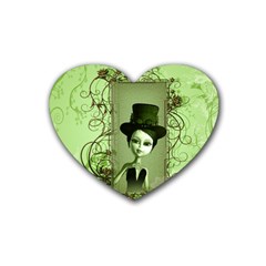 Cute Girl With Steampunk Hat And Floral Elements Heart Coaster (4 Pack)  by FantasyWorld7