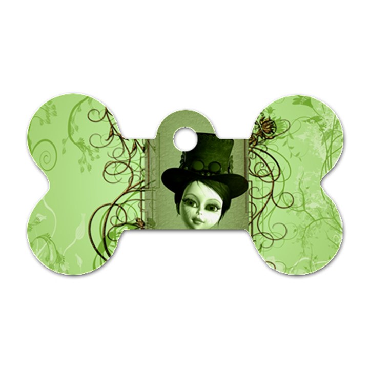 Cute Girl With Steampunk Hat And Floral Elements Dog Tag Bone (One Side)