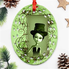 Cute Girl With Steampunk Hat And Floral Elements Ornament (oval Filigree)  by FantasyWorld7