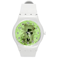 Cute Girl With Steampunk Hat And Floral Elements Round Plastic Sport Watch (m)