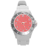 Red And White Scallop Repeat Pattern Round Plastic Sport Watch (L) Front