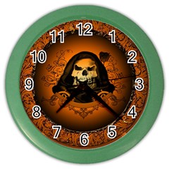 Awsome Skull With Roses And Floral Elements Color Wall Clocks by FantasyWorld7