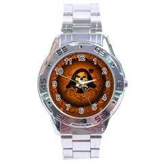 Awsome Skull With Roses And Floral Elements Stainless Steel Men s Watch by FantasyWorld7