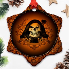 Awsome Skull With Roses And Floral Elements Snowflake Ornament (2-side) by FantasyWorld7