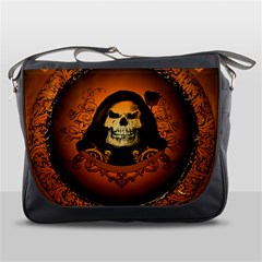 Awsome Skull With Roses And Floral Elements Messenger Bags by FantasyWorld7