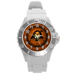 Awsome Skull With Roses And Floral Elements Round Plastic Sport Watch (l) by FantasyWorld7