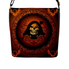 Awsome Skull With Roses And Floral Elements Flap Messenger Bag (l)  by FantasyWorld7