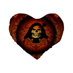 Awsome Skull With Roses And Floral Elements Standard 16  Premium Flano Heart Shape Cushions