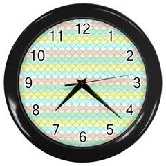 Scallop Repeat Pattern In Miami Pastel Aqua, Pink, Mint And Lemon Wall Clocks (black)