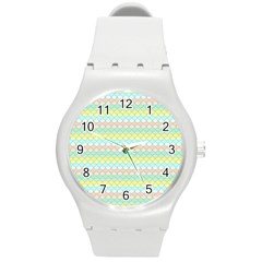 Scallop Repeat Pattern In Miami Pastel Aqua, Pink, Mint And Lemon Round Plastic Sport Watch (m) by PaperandFrill