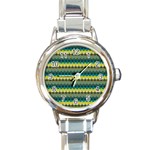 Scallop Pattern Repeat in  New York  Teal, Mustard, Grey and Moss Round Italian Charm Watches Front