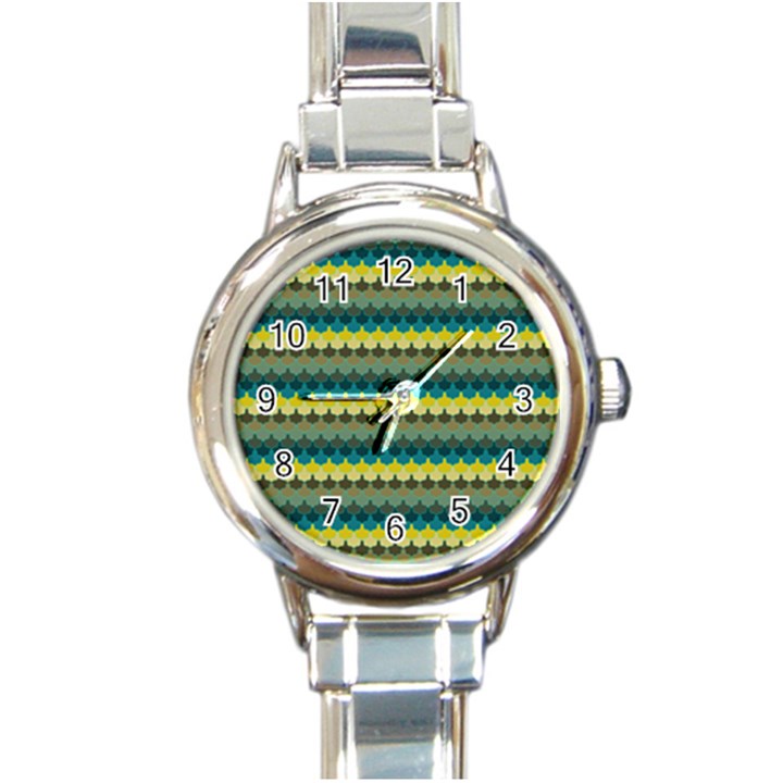 Scallop Pattern Repeat in  New York  Teal, Mustard, Grey and Moss Round Italian Charm Watches