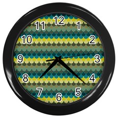 Scallop Pattern Repeat In  new York  Teal, Mustard, Grey And Moss Wall Clocks (black) by PaperandFrill