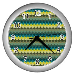 Scallop Pattern Repeat In  new York  Teal, Mustard, Grey And Moss Wall Clocks (silver)  by PaperandFrill