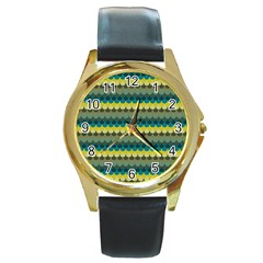 Scallop Pattern Repeat in  New York  Teal, Mustard, Grey and Moss Round Gold Metal Watches