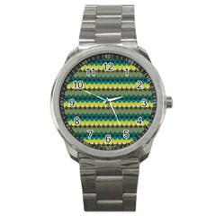 Scallop Pattern Repeat In  new York  Teal, Mustard, Grey And Moss Sport Metal Watches by PaperandFrill