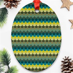 Scallop Pattern Repeat In  new York  Teal, Mustard, Grey And Moss Oval Ornament (two Sides)