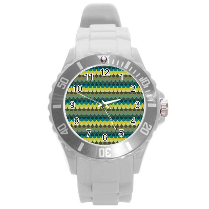 Scallop Pattern Repeat in  New York  Teal, Mustard, Grey and Moss Round Plastic Sport Watch (L)