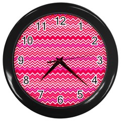 Valentine Pink And Red Wavy Chevron Zigzag Pattern Wall Clocks (black) by PaperandFrill