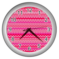 Valentine Pink And Red Wavy Chevron Zigzag Pattern Wall Clocks (silver)  by PaperandFrill