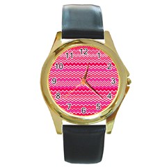 Valentine Pink And Red Wavy Chevron Zigzag Pattern Round Gold Metal Watches by PaperandFrill