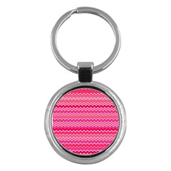 Valentine Pink And Red Wavy Chevron Zigzag Pattern Key Chains (round)  by PaperandFrill