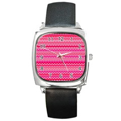 Valentine Pink And Red Wavy Chevron Zigzag Pattern Square Metal Watches by PaperandFrill