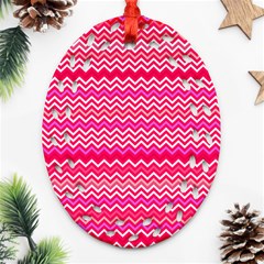 Valentine Pink And Red Wavy Chevron Zigzag Pattern Ornament (oval Filigree)  by PaperandFrill