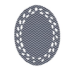 Blue And White Chevron Wavy Zigzag Stripes Oval Filigree Ornament (2-side)  by PaperandFrill