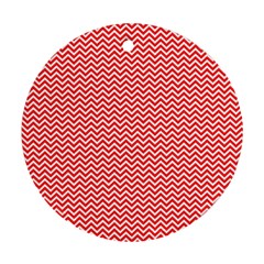 Red And White Chevron Wavy ZigZag Stripes Ornament (Round) 