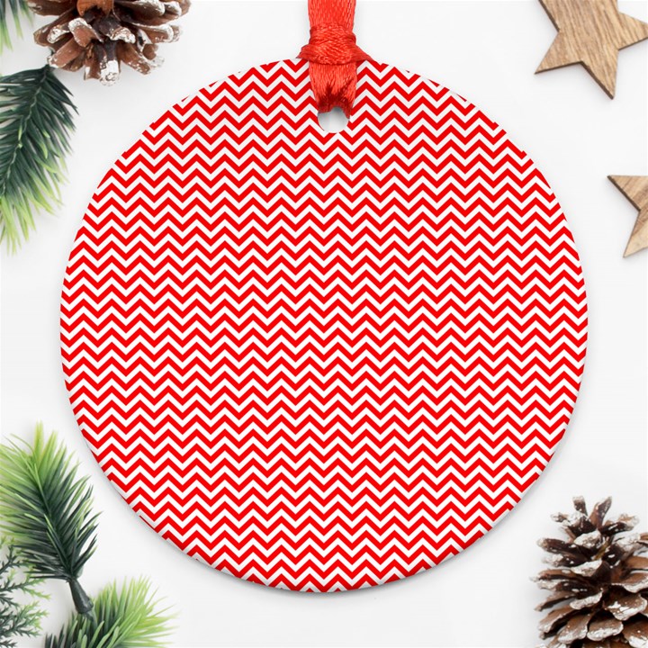 Red And White Chevron Wavy ZigZag Stripes Ornament (Round) 