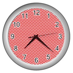 Red And White Chevron Wavy ZigZag Stripes Wall Clocks (Silver) 