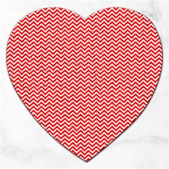 Red And White Chevron Wavy Zigzag Stripes Jigsaw Puzzle (heart) by PaperandFrill